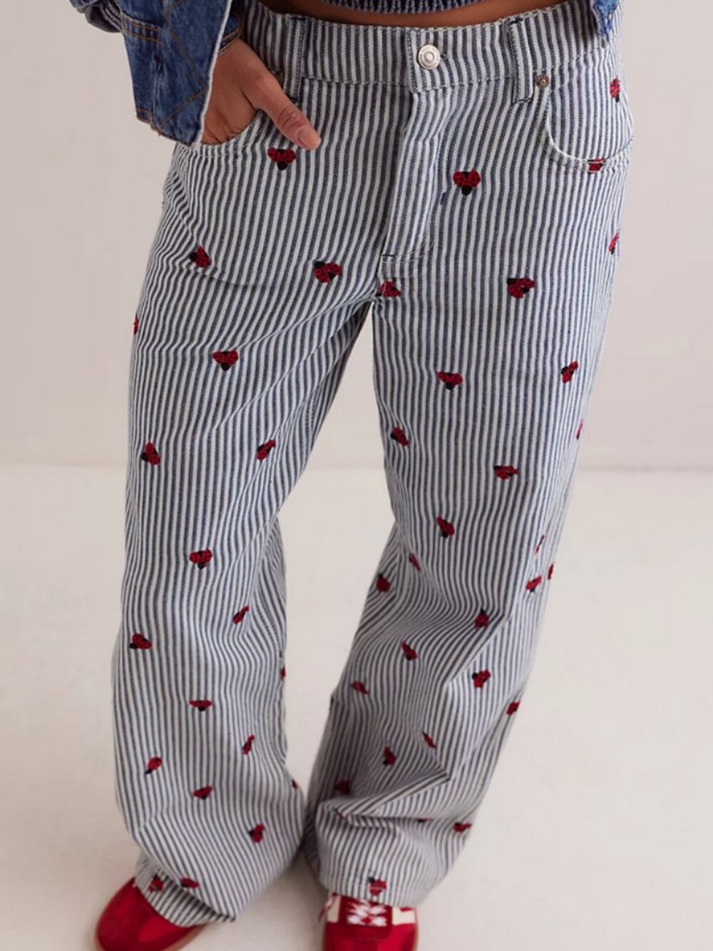 Free People We The Free Bugged Out Straight-Leg Jeans Railroad Stripe Print 25 - Picture 3 of 12